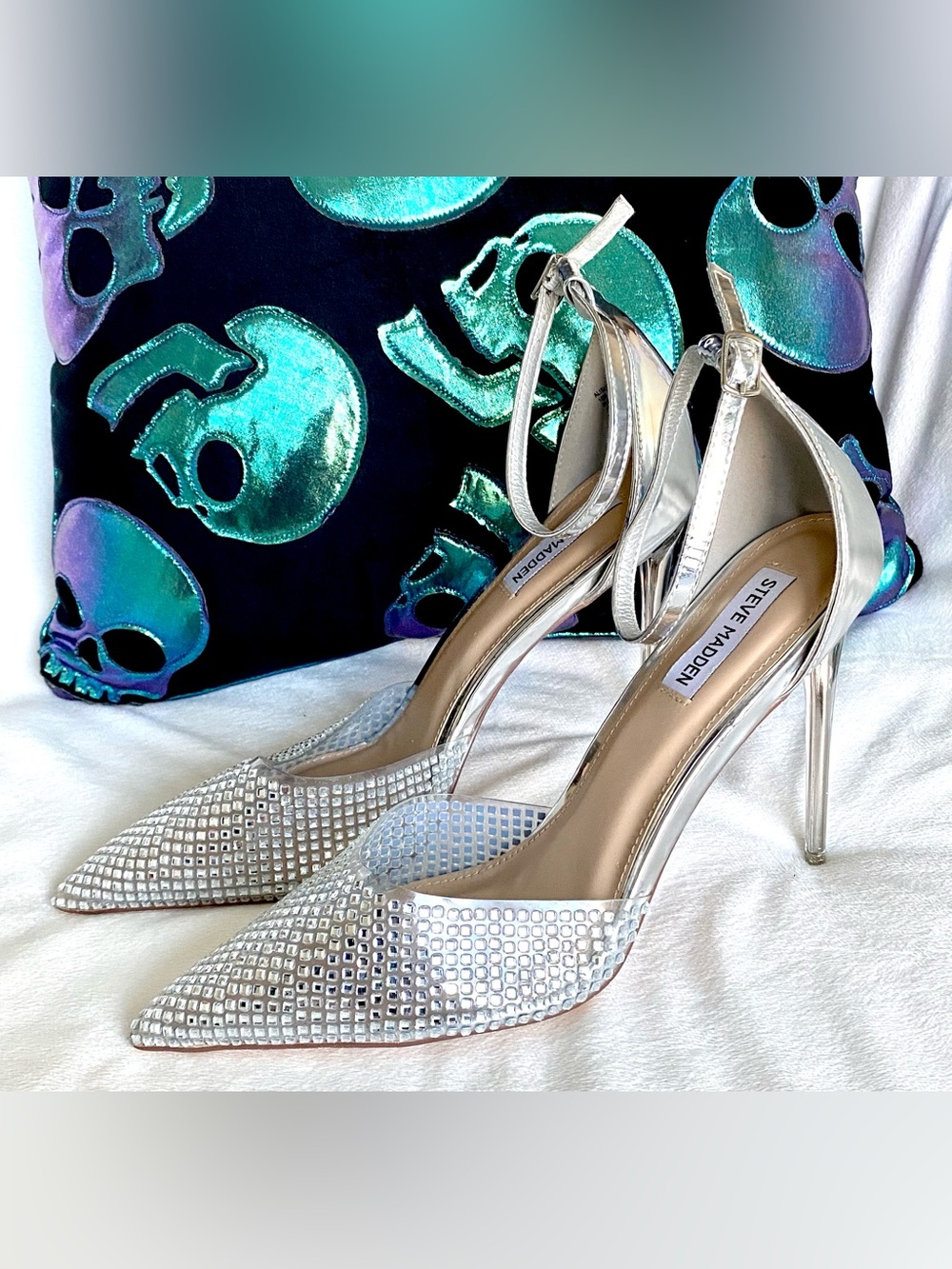 Steve Madden Alessi Metallic Silver Rhinestone Lucite Stiletto Pumps Heels 10